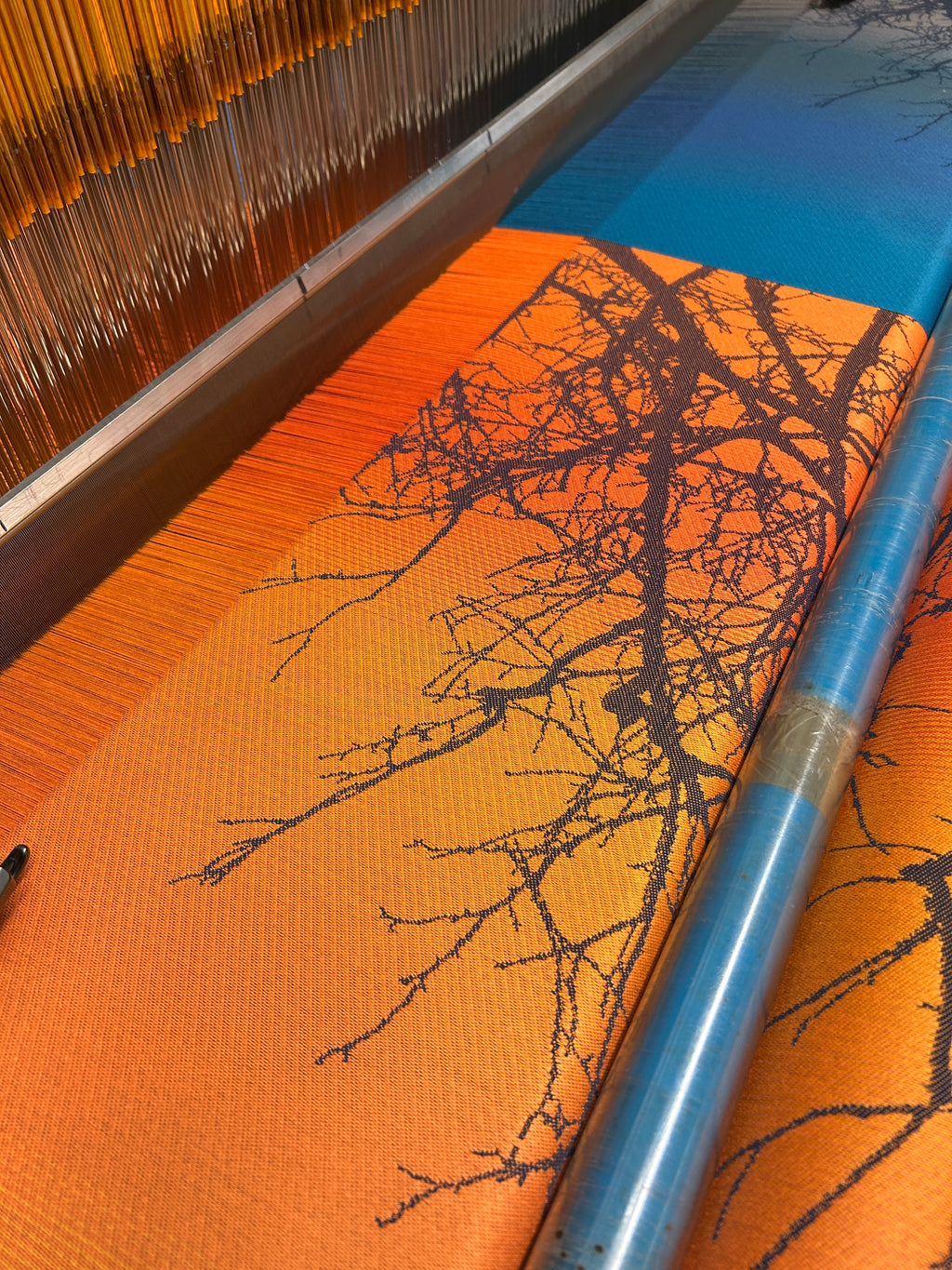 Wildwood Solar Sunset - Mill Mock Up Photos -  SUNSET ORANGE Grad Wildwood with Blue/Grey Organic Cotton Weft - Preorder items now!